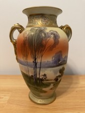 STUNNING NIPPON HAND PAINTED & ENAMELED SCENIC HANDLED VASE - CIRCA 1900 picture