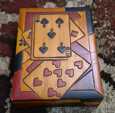 Vintage Hand Carved And Painted Wood Playing Cards Gambling Theme Box picture