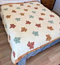 Vtg Handmade Patchwork Quilt Applique Maple Leaves Autumn Fall Folk Art 97 x 74 picture