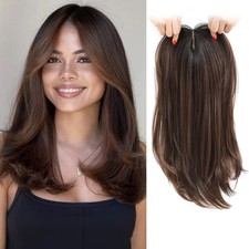 Dark Brown Chestnut Brown Highlight Long Straight 16in Women Premium Hair Topper picture