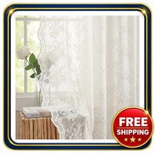 Pair vintage lace curtains 84 inches long ivory floral sheer fabric picture