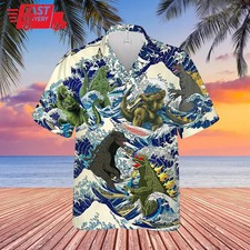Godzilla Surfing 3D Hawaiian Shirt Japanese Art Beach Aloha Button Up Men picture