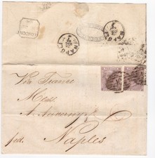 1864 QV TWO x 6d LILAC STAMPS ON MERCHANTS WRAPPER TO NAPLES VIA FRANCE picture