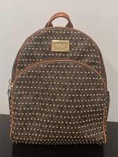 Michael Kors Logo Studded Zip Backpack Brown Beige Straps Gold Hardware picture