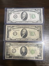 Lot of 3 Vintage 1934 & 1934-A $10 $20 Federal Reserve Notes Green Seals LGS picture