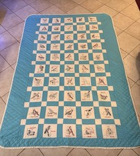 Vintage Fifty States Birds Handmade Embroidered Baby Blue Quilt 113x78 picture
