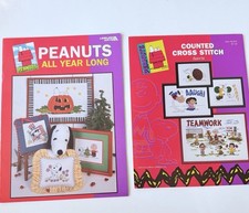 2 Vintage Leisure Arts Cross Stitch Book - Peanuts All Year Long + Sports Snoopy picture