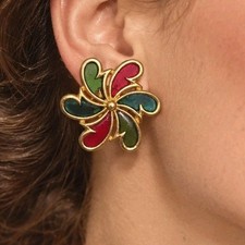 Vintage Crown Trifari Alfred Philippe Plique a Jour Enamel Flower Clip Earrings picture