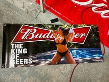 Budweiser Beer Banner 20 x 48, Bikini Girl Poolside Bar Sign, King of Beers Man picture
