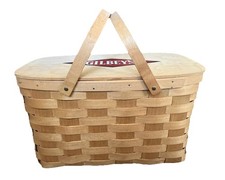 Vtg Rare Large “GILBEY’S” GIN Original  Peterboro Kool Picnic Woven Wood Basket picture