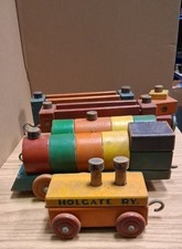 Holgate Wooden Toy Train Set Vintage Painted Wood Engines Cars Caboose picture