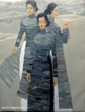 Tran Xuan Binh, Vietnamese traditional long dress, oil painting, original picture