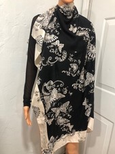 VTG. Zandra Rhodes Scarf/Shawl butterfly design 100%Silk black/Ivory 40