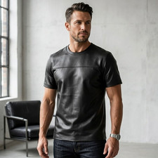 Men’s Genuine Leather T-Shirt Black Classic Leather picture