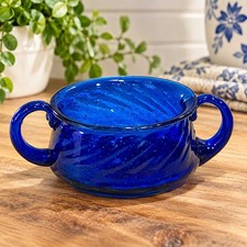 Hand Blown Cobalt Blue Art Glass Mini Bowl Double Handle 3 IInch Vintage picture