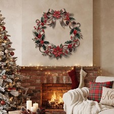 Christmas Poinsettia Wreath Metal Wall Art, Holiday Berry Pinecone Door Decor picture