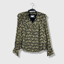 Boden Blouse Womens 6 Black Yellow Floral Cottagecore Romantic Ruffle Smocked picture