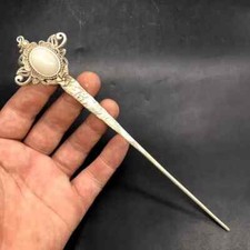 China Antique Old Tibetan Collection Inlaid White Jade Woman Gift Hairpin picture
