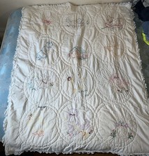 Vintage Handmade Embroidered Baby Quilt Animals Crib Quilt Eyelet Ruffle picture