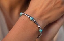 Kingman Turquoise Bracelet, Sterling Silver Southwestern Navajo Pearls, 6mm picture