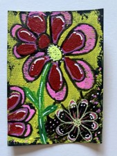 Original ACEO Flower Art Colorful Floral Acrylic Painting Gel Pen OOAK 2.5x3.5 picture