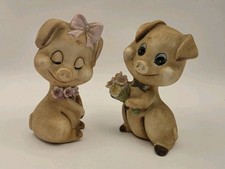 2 Vintage Ceramic Pig Figurines Flowers  Bisque Circle C-789 3