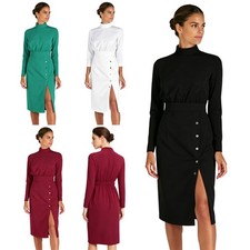 US Women's Lapel Neck Scrub Dress Elastic Waist Button Down Medical Lab Coat picture