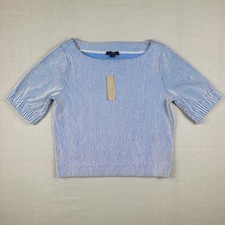 J.CREW Puff Sleeve Crop Top Womens XS Blue White Stripe Knit Seersucker NEW picture