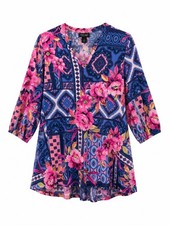 Lildy Womens Printed Bishop Sleeve Tunic Top Blue Pink Floral Paisley S-M picture