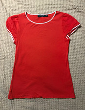 Lauren Ralph Lauren Red Rib Knit Crew Neck Cap Sleeve T-Shirt White Trim L picture