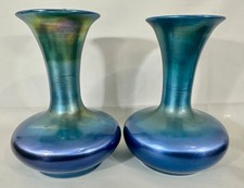 Pair 1920s Durand Iridescent Art Glass Trumpet Vases #1990-10 Favrile Aurene Era picture