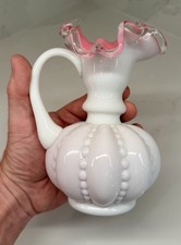 Fenton Peach Crest Beaded Melon Pitcher 6.5” Pink White Cased Glass Jug - Label picture