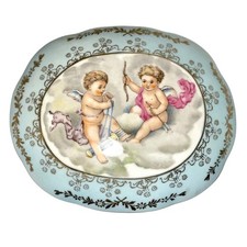 Rare Antique German Kalk Porcelain Jewelry Box Angels Gold Handpainted 1900s picture