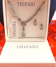 Vintage Signed Trifari Multi-Color Pastel Crystal Y-Drop Necklace & Earrings Set picture