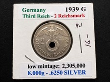1939-G Germany Third Reich 2 Reichsmark Silver 0.625  Hindenburg WWII picture