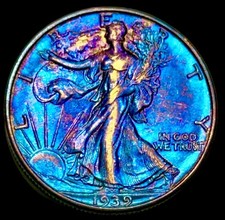 Walking Liberty Half Dollar 1939 D Monster Rainbow Toning Uncirculated 50c picture
