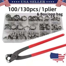 100X Assorted Hose Clamps Stainless Steel Ear Cinch Rings Crimp Pinch Kit Plier picture