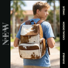 Hair-On Cowhide Leather Backpack Brown White Western Multi-Pocket Daypack Unisex picture