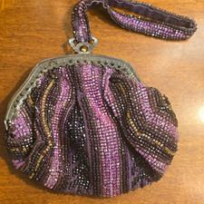 Vintage Art Deco Beaded Coin Purse, Purple Black Gold Metal Frame Clasp picture