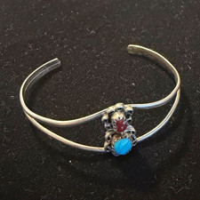 Vintage Navajo Sterling Silver Turquoise & Coral Cuff Bracelet Split Shank picture