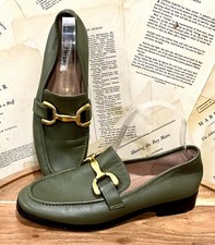 Anthropologie Bibi Lou Zagred Leather Loafers Moss Gold Matte Trim 39/8-8.5 NEW picture