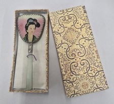 Vintage Asian Girl Hand Mirror Jade Handle with Silver Metal Trim in Orig. Box picture