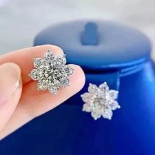 1.70Ct Round Moissanite Diamond Flower Stud Earrings In 14K White Gold Plated picture
