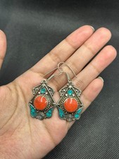 Vintage Coral Turquoise Earrings, Tibetan Silver Nepalese Jewelry picture