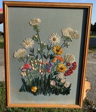 Paragon  25”x20.5” Framed Crewel Blue Yellow Wildflowers Grannycore 1970s MCM picture