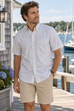 L.L.Bean Mens L Blue Stripe Oxford Shirt Short Sleeve 100% Cotton Preppy Coastal picture