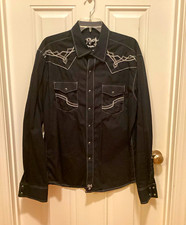 Wrangler Rock 47 Men's Black Long Sleeve Pearl Snap Button-Up Western Shirt L picture