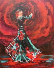 Original Oil Painting Flamenco Dancer Spanish Woman Surreal Red Rose 20x16 picture
