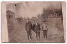 RPPC Three Boys Suits Hats Small Town Church Real Photo Postcard c1910s picture