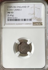 NGC AU53 1605-6 James I Penny, 2nd Coinage, mm Rose, England, S-2661 picture